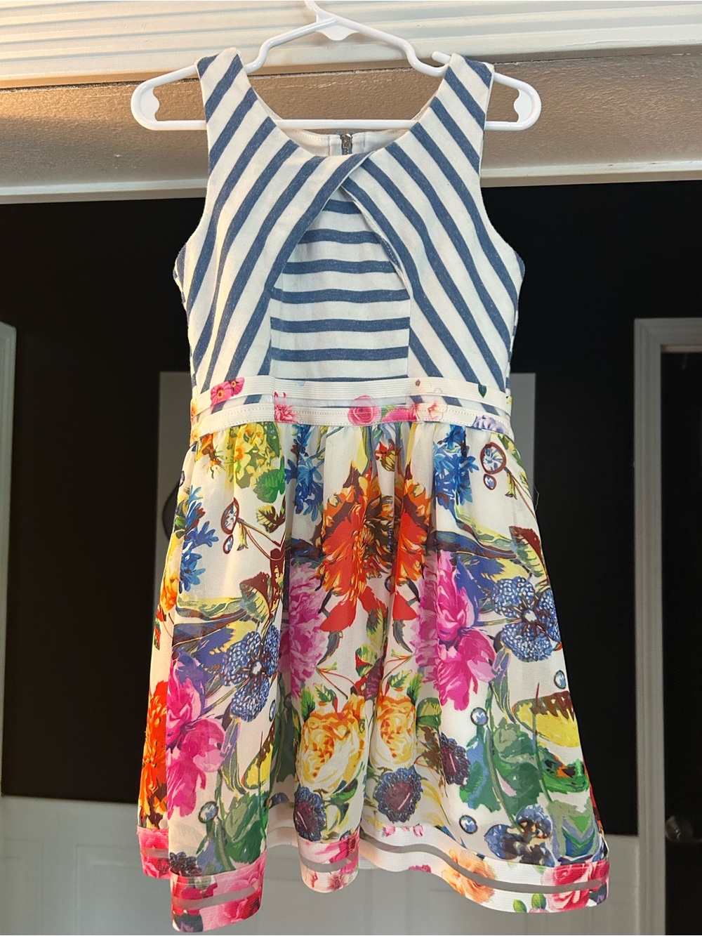 Truly Me Navy Striped Bodice with Multicolor Floral Skirt Dress
